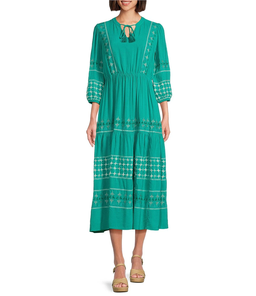 Nurture Embroidered Midi V-Neck 3/4 Sleeve Midi Dress