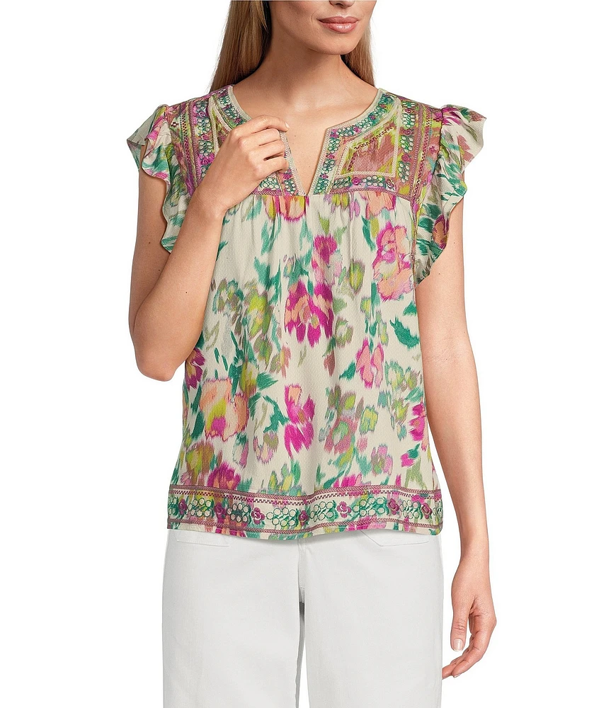Nurture Petite Size Embroidered Floral Ikat Print Flutter Sleeve Top