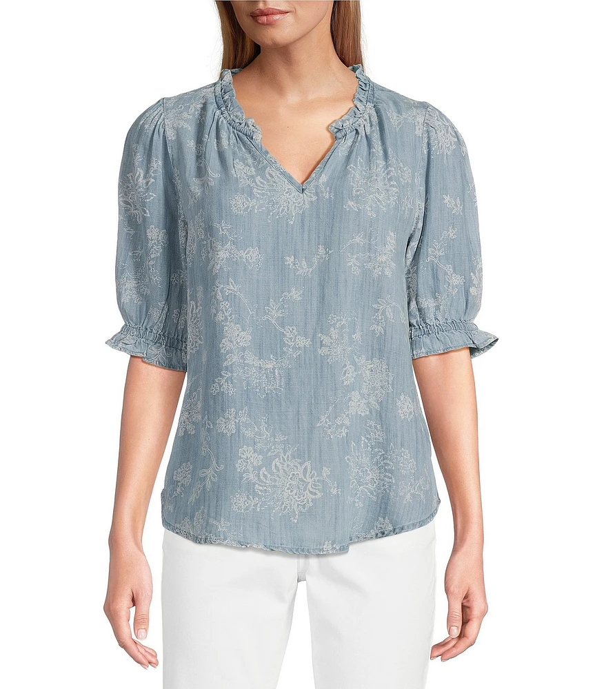Nurture Petite Size Notch Neck Elbow Sleeve Ruffled Top