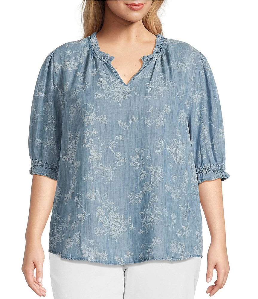 Nurture Plus Size Notch Neck Elbow Sleeve Ruffled Top