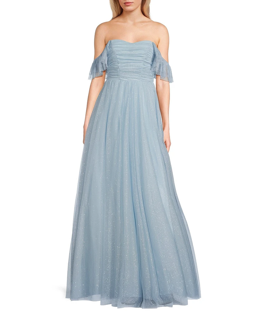 City Vibe Of-The-Shoulder Ruched Bodice Mesh Long Dress