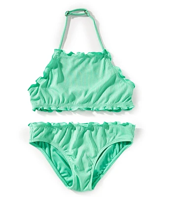 O'Neill Big Girls Adjustable Straps Ruffle Edge Halter & Bikini Swimsuit Set