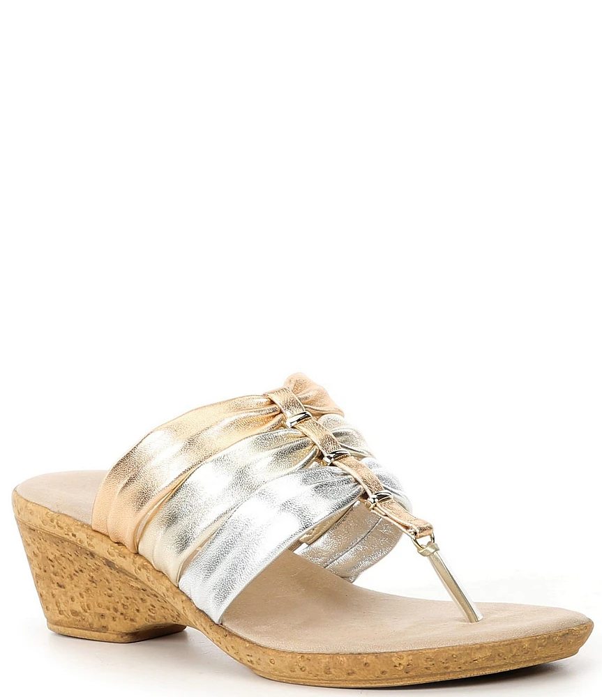 Onex Marisa Metallic Leather 3-Band Cork Wedge Thong Sandals