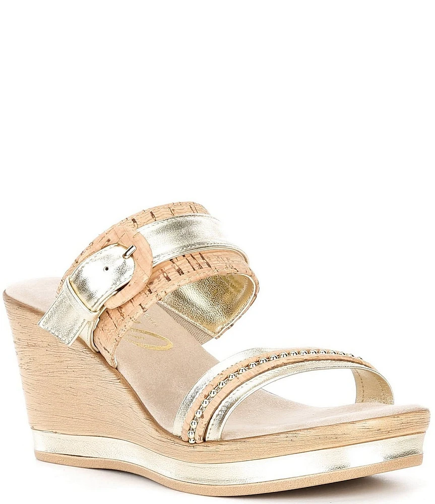 Onex Ronnie Metallic Leather Banded Buckle Wedge Sandals