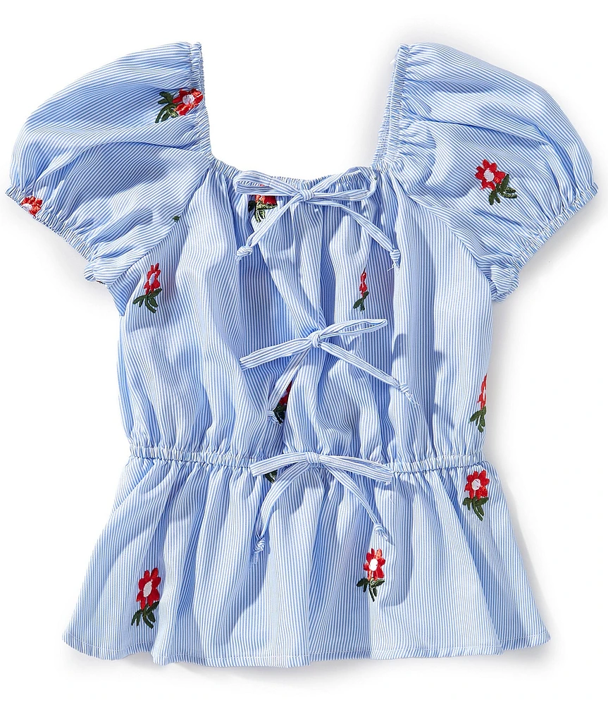 Originality Big Girls Puff Sleeve Stripe Print Embroidered Flowers Bow Front Top