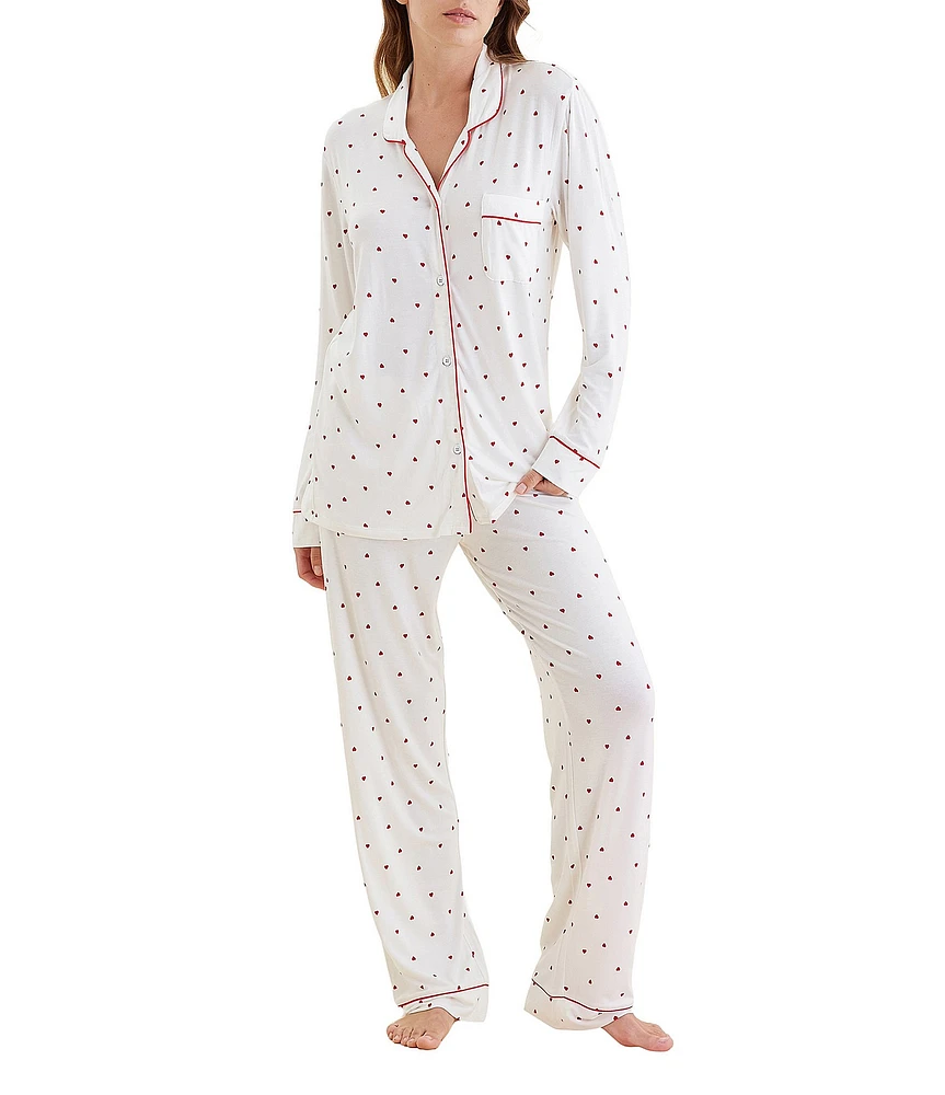 Papinelle Kate Long Sleeve Notch Collar Knit Heart Print Pajama Set