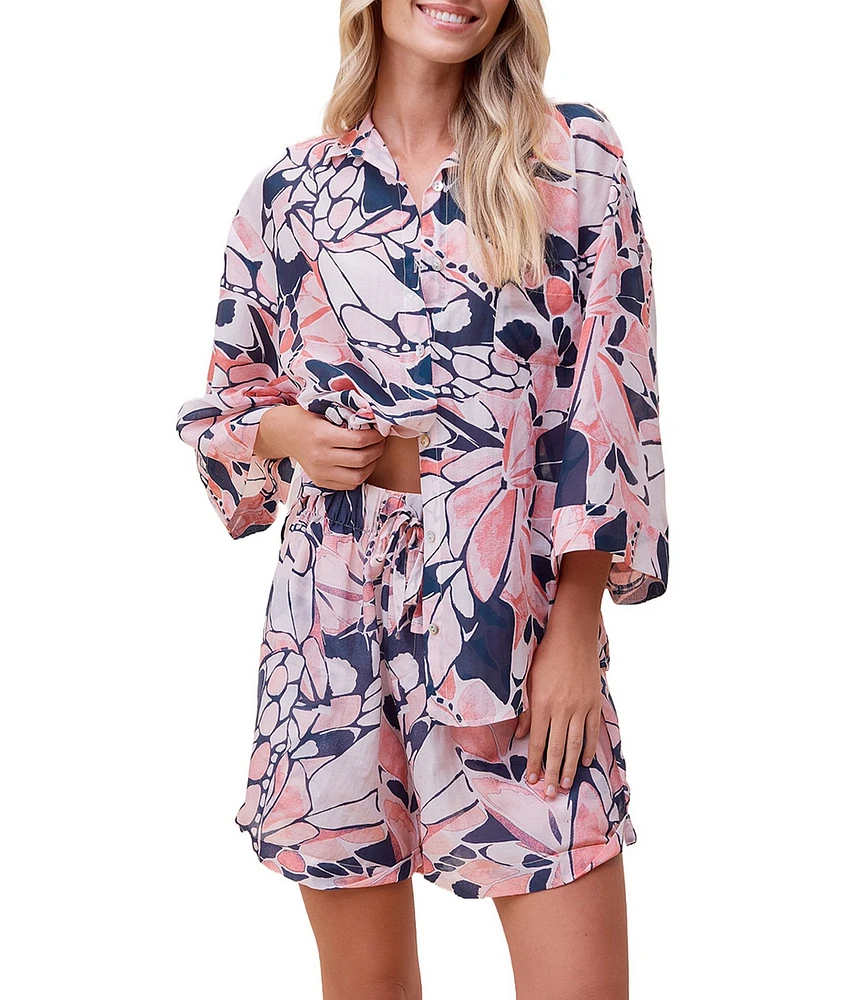Papinelle Papillon 3/4 Sleeve Notch Collar Lightweight Woven Abstract Butterfly Print Shorty Pajama Set
