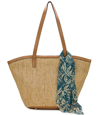 Patricia Nash Marconia Raffia Greek Floral Scarf Contrast Trim Tote Bag