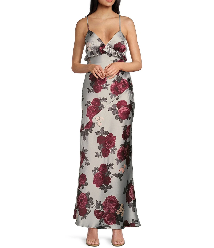 Pear Culture Floral Printed Satin V-Neck Spaghetti Strap Ruffle Long Dress