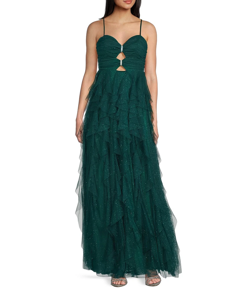 Pear Culture Glitter Mesh Sweetheart Neck Sleeveless Cut Front Bodice Dress