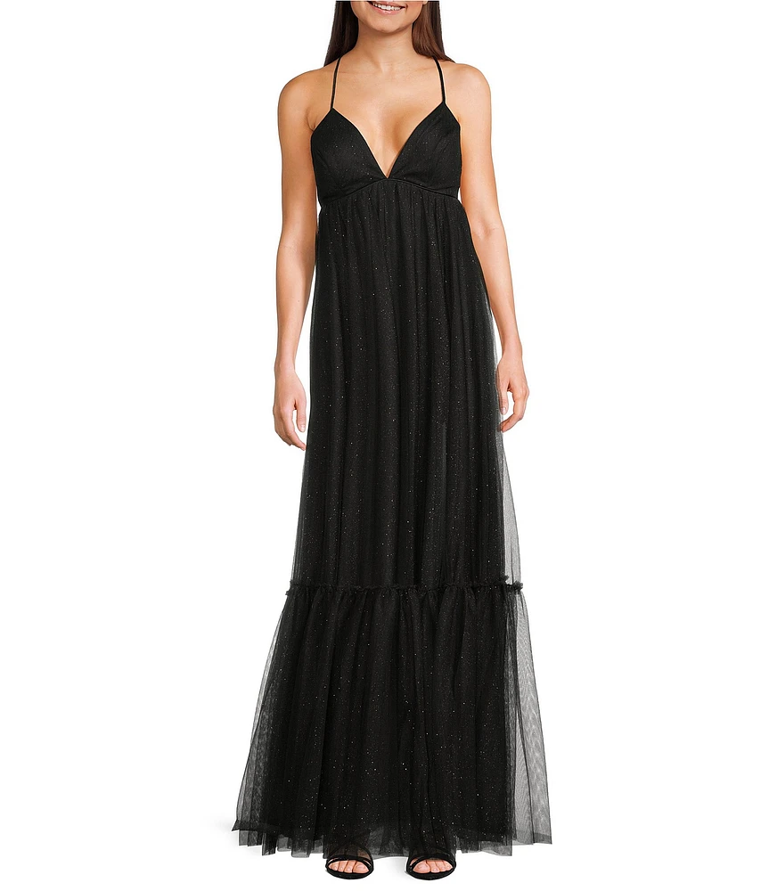 Pear Culture Mesh V-Neck Spaghetti Strap Tiered Dress