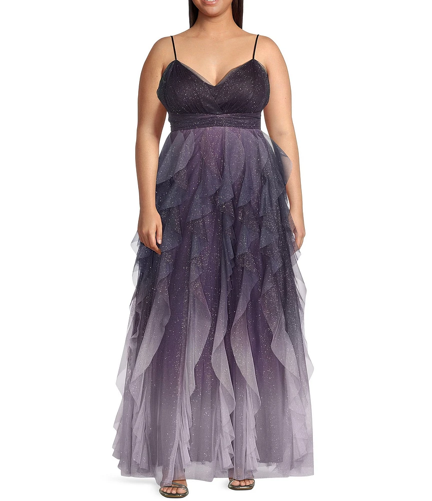 Pear Culture Plus Size Ombre Glitter Mesh Sleeveless V-Neck Dress