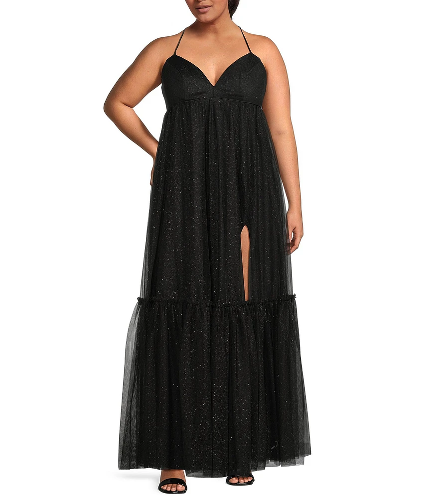 Pear Culture Plus Size Mesh V-Neck Spaghetti Strap Tiered Dress