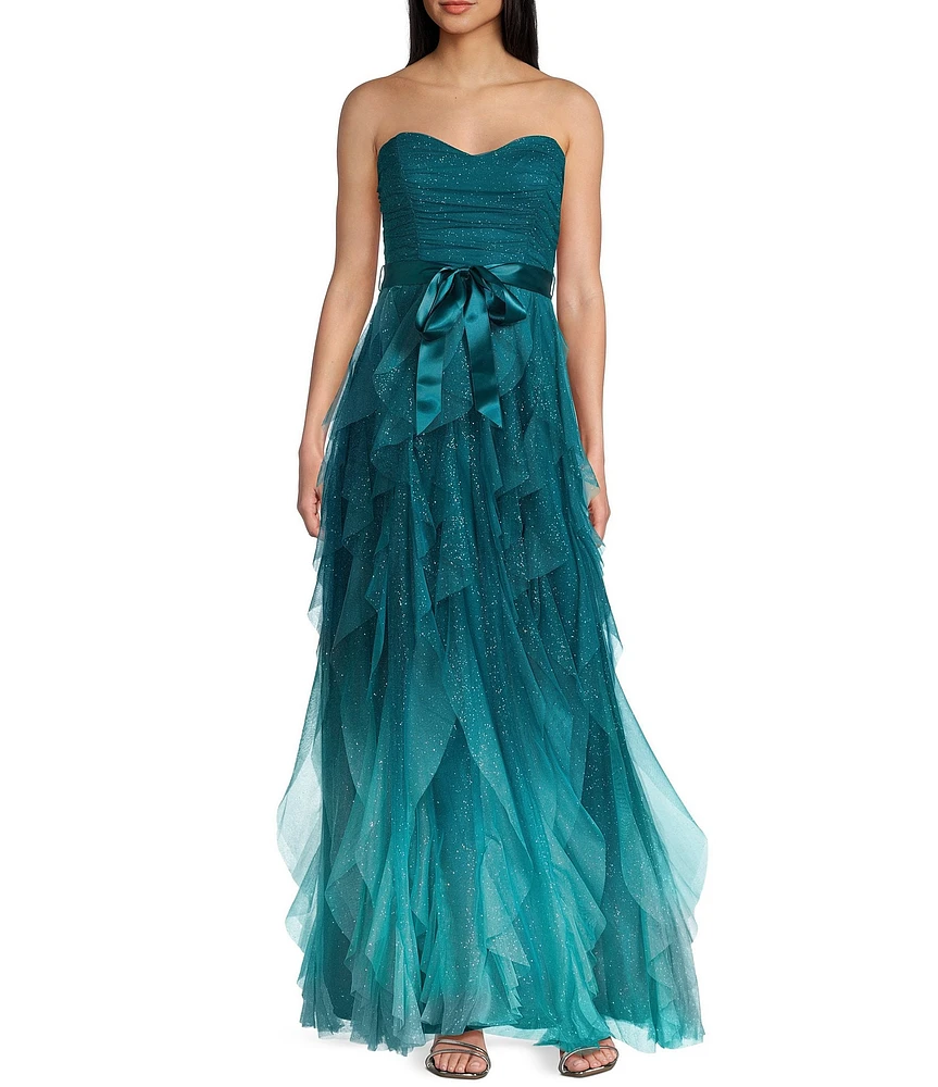 Pear Culture Strapless Glitter Ombre Mesh Ruffled Corkscrew Dress