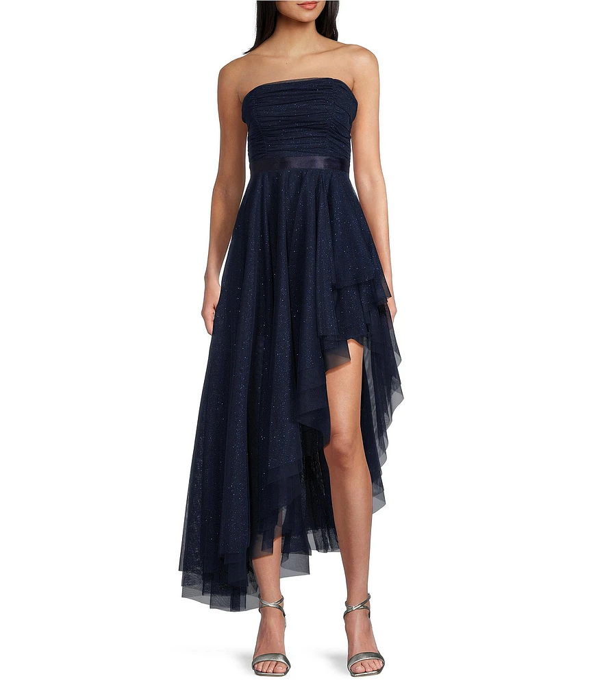 Pear Culture Strapless Lace-Up Back Asymmetrical Mesh Dress