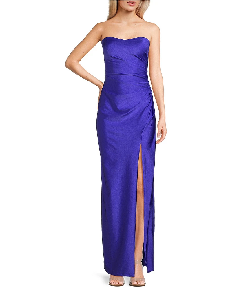 Pear Culture Stretch Satin Strapless Sweetheart Neck Point Wrap Side Slit Dress