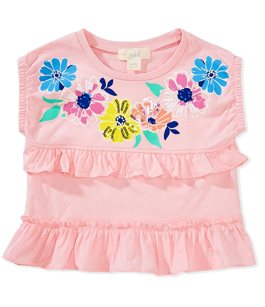 Peek Little Girls Cap Sleeve Sequin Floral Graphic Ruffle Top