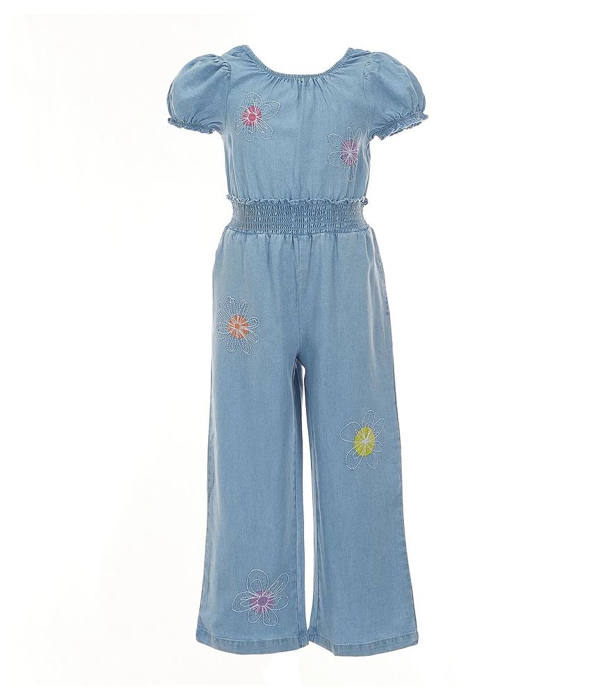 Peek Little Girls Short Puff Sleeve Floral Embroidery Jumpsuit