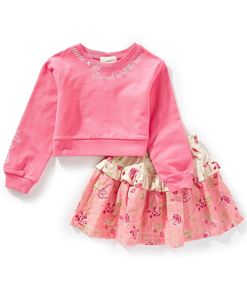 Peek Little/Big Girls Rose-Embroidered Top & Rose-Printed Ruffle-Tier Skirt Set