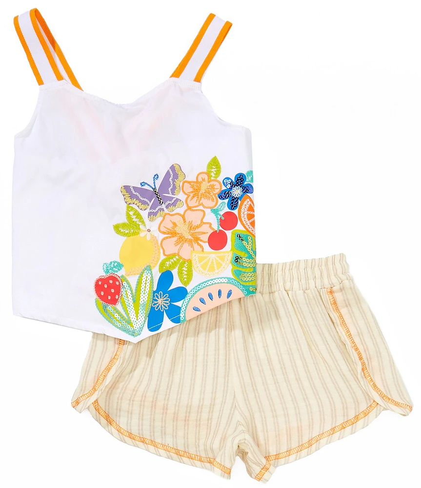 Peek Little/Big Girls Sleeveless Floral-Embroidered Pointed-Hem Tank Top & Striped Shorts Set