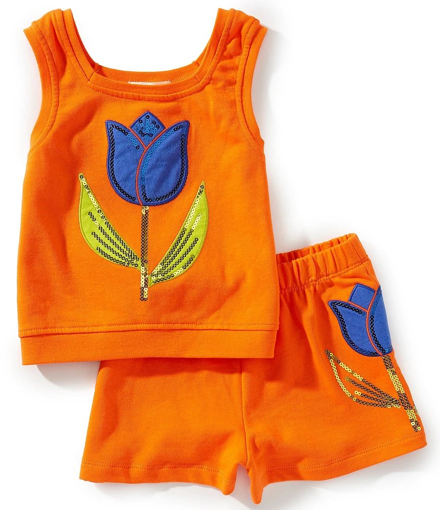 Peek Little/Big Girls Sleeveless Sequin-Embellished Flower-Motif Tank Top & Matching Flower-Motif Shorts Set