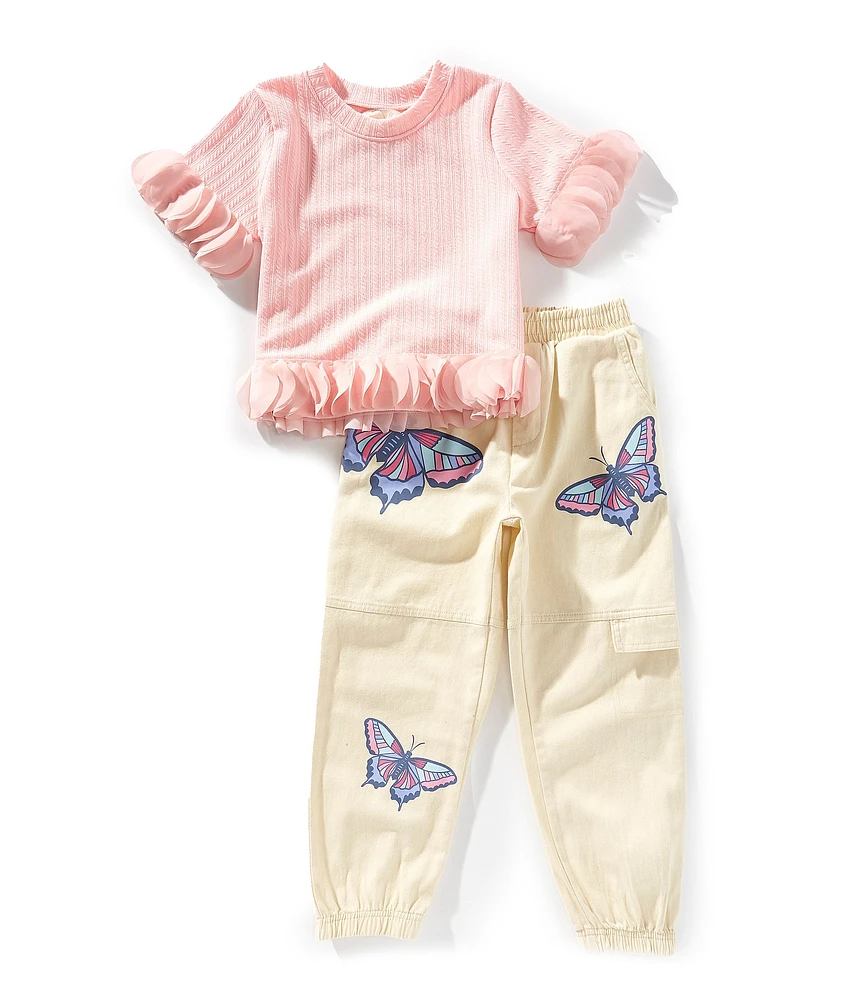 Peek Little/Big Girls Three-Dimensional Flower-Petal-Applique Top & Butterfly-Printed Cargo Pants Set