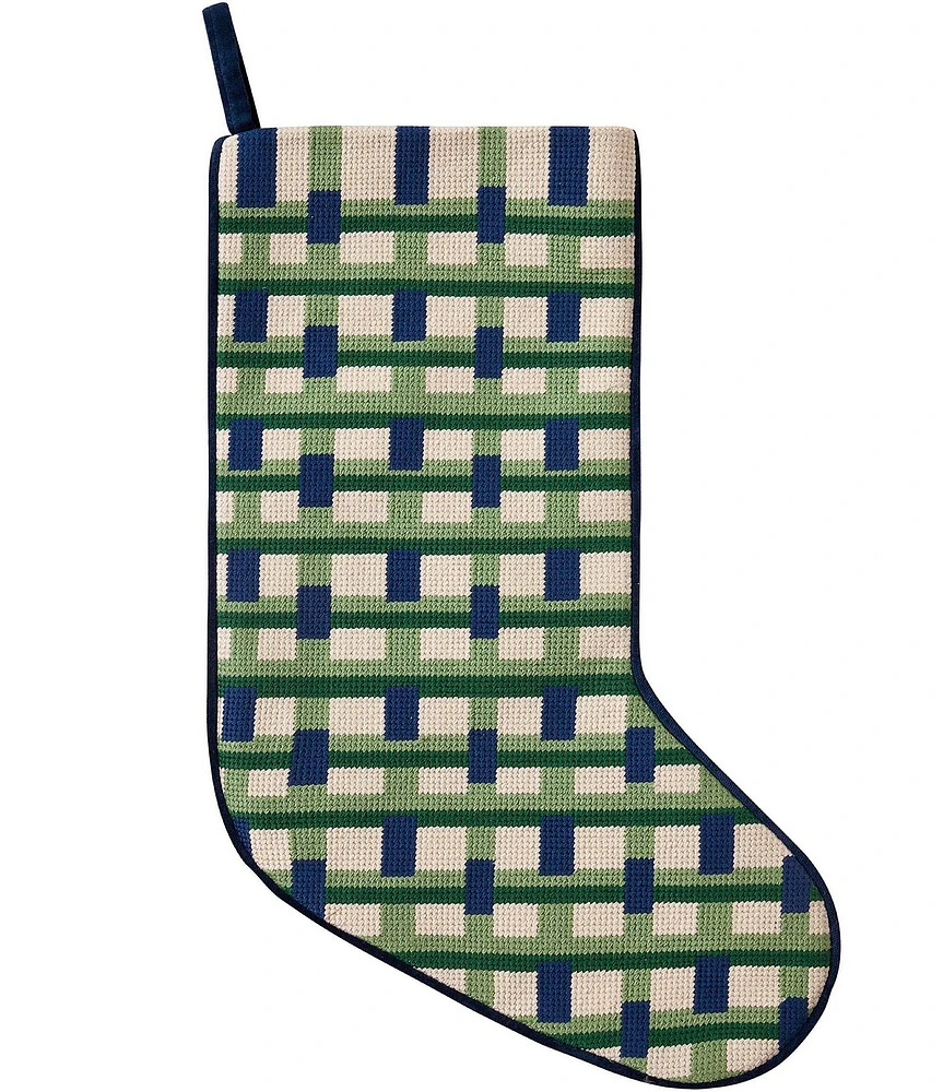 Peking Handicraft Abstract Blue Plaid Needlepoint Holiday Stocking
