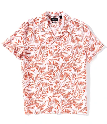 Perry Ellis Linen Cotton Abstract Leaf Print Short Sleeve Woven Camp Shirt