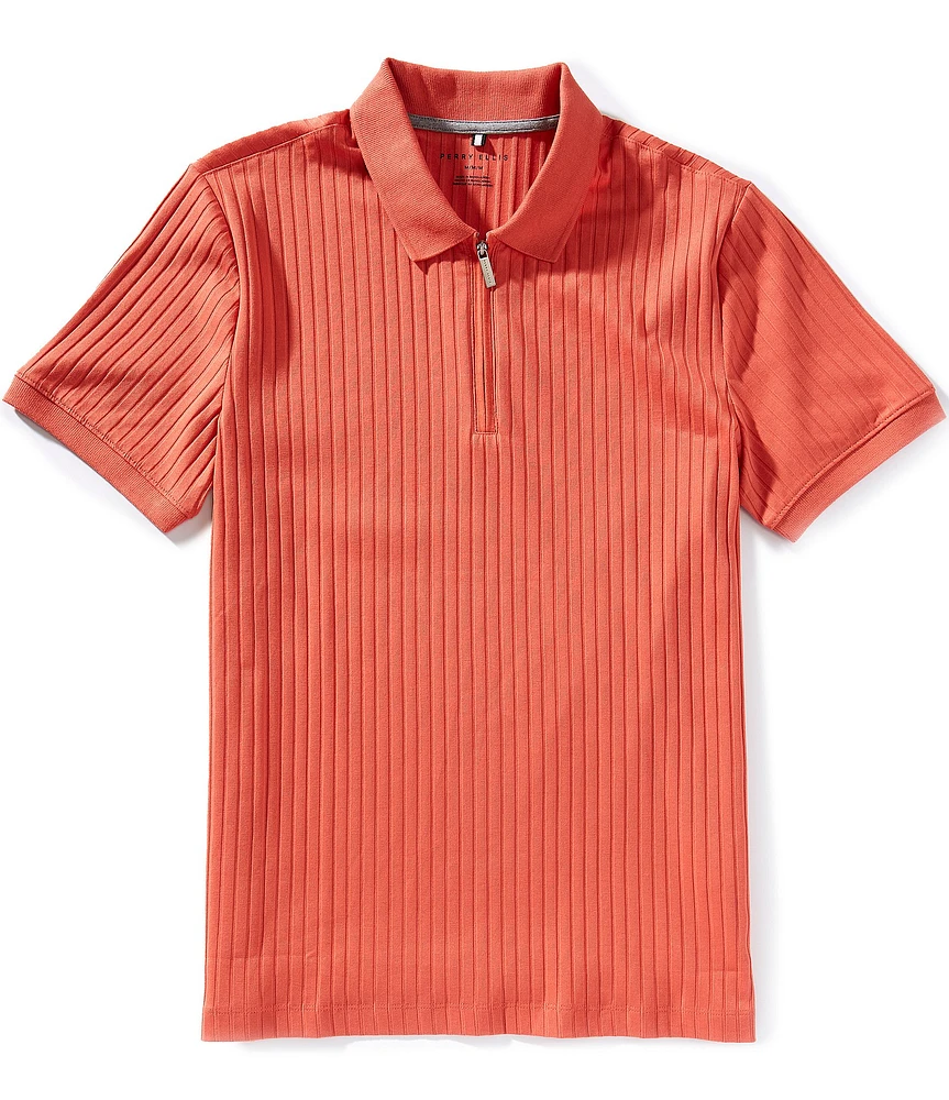 Perry Ellis Ribbed Quarter-Zip Short Sleeve Polo Shirt