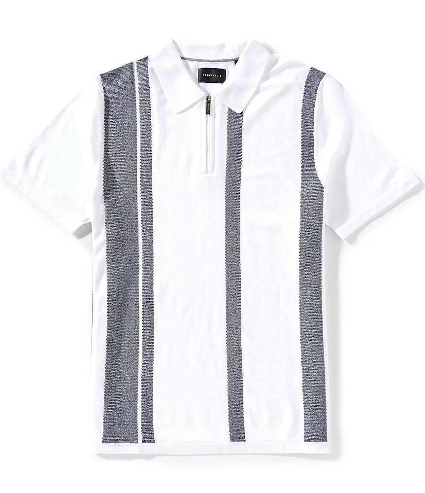 Perry Ellis Stripe Quarter-Zip Short Sleeve Polo Sweater