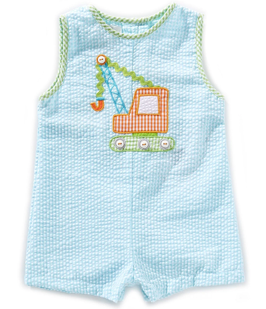 Petit Ami Baby Boys Sleeveless Striped/Construction-Crane-Appliqued Shortall