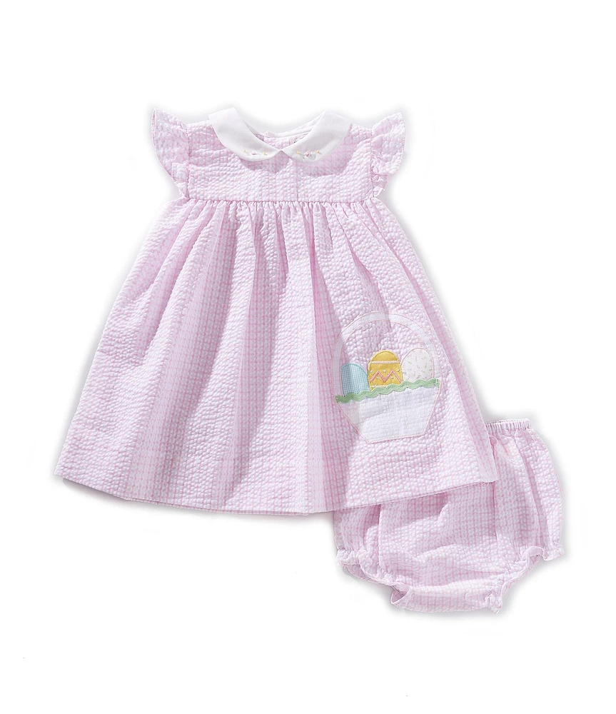 Petit Ami Baby Girls Flutter-Sleeve Easter Basket Appliqued/Checked Seersucker Empire-Waist Dress