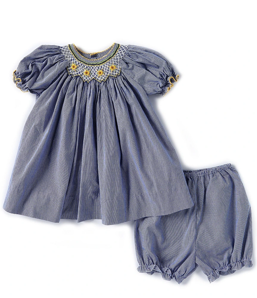Petit Ami Baby Girls Puffed Sleeve Sunflower-Embroidered Bishop-Smocked Checked Fit & Flare Dress
