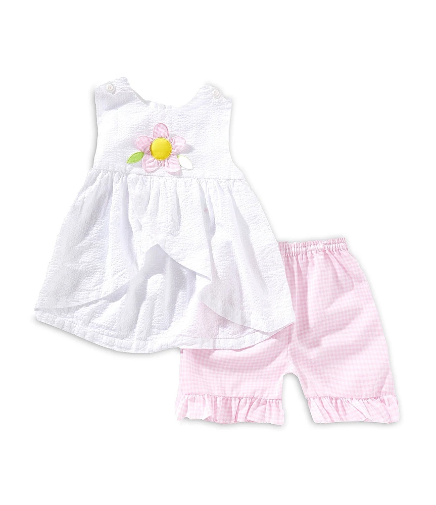 Petit Ami Little Girls Sleeveless Flower-Appliqued Tunic Top & Gingham-Printed Shorts Set