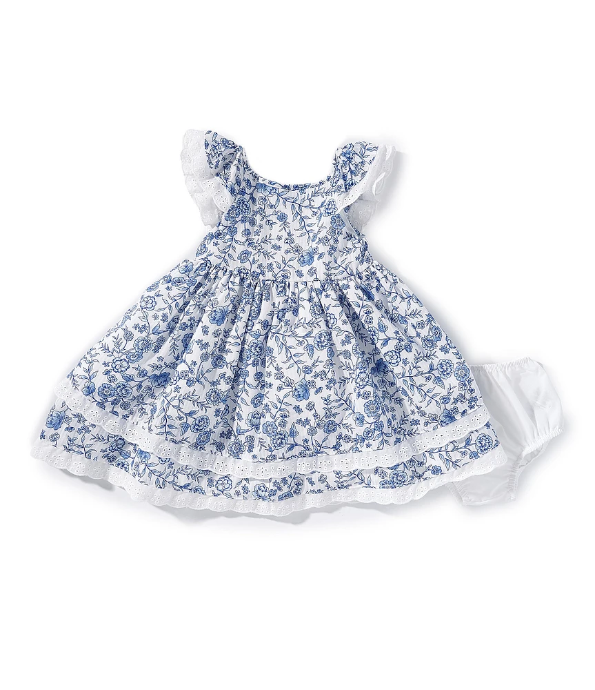 Pippa & Julie Baby Girls Flutter-Sleeve Joyce Floral-Printed Crocheted-Trimmed Fit-And-Flare Dress