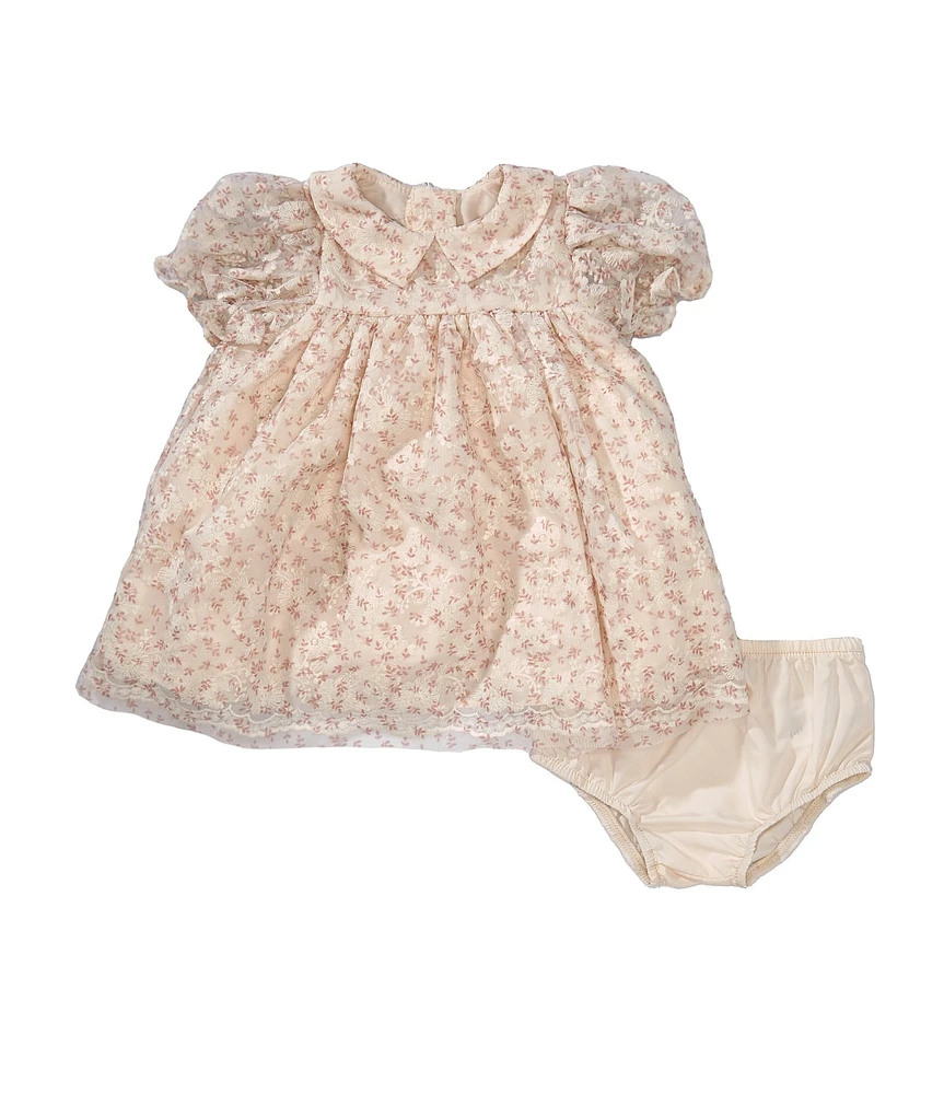 Pippa & Julie Baby Girls Melissa Floral Mesh Peter Pan Collar Short Sleeve Dress