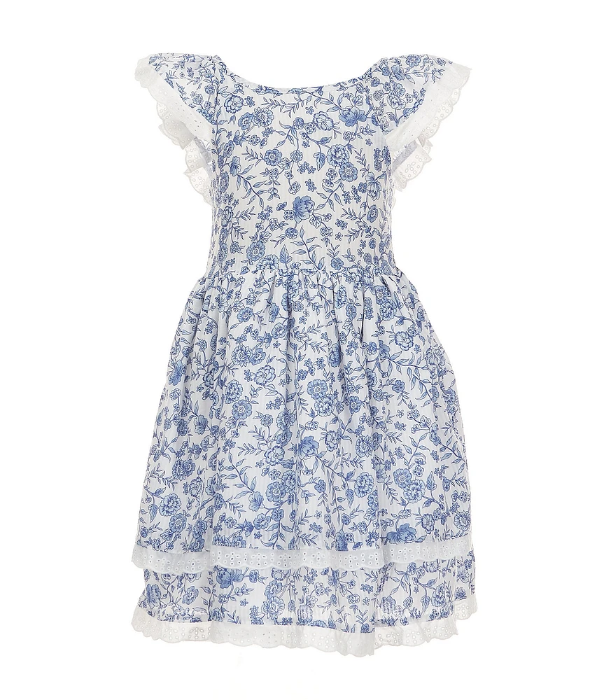 Pippa & Julie Little Girls Flutter-Sleeve Joyce Floral-Printed Crocheted-Trimmed Fit-And-Flare Dress