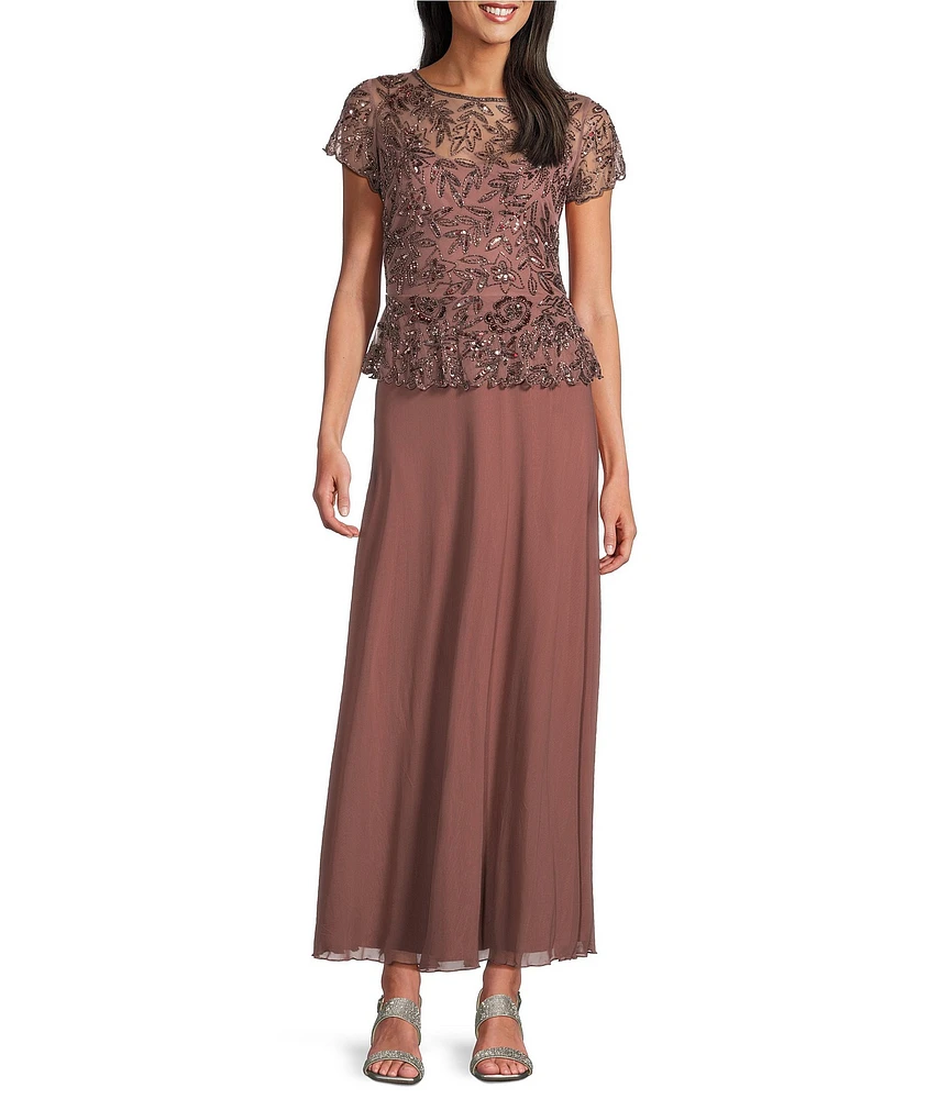 Pisarro Nights Beaded Bodice Illusion Crew Neck Short Sleeve Chiffon Gown