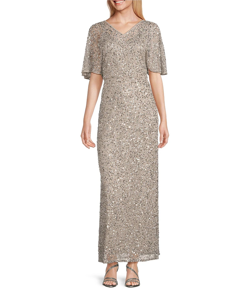 Pisarro Nights Beaded V-Neck Caplet Sleeve Blouson Gown