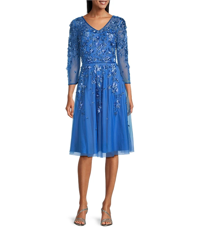 Pisarro Nights Petite Size V-Neck 3/4 Sleeve Beaded Mesh Floral Embroidered  Midi Dress at Hamilton Place in Chattanooga, TN