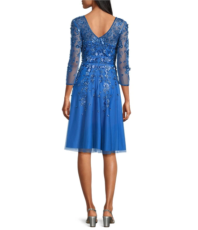 Pisarro Nights Petite Size V-Neck 3/4 Sleeve Beaded Mesh Floral Embroidered  Midi Dress at Hamilton Place in Chattanooga, TN