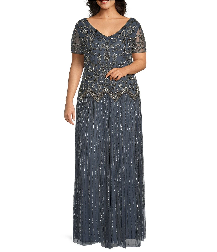 Pisarro Nights Plus Size V-Neck Cap Sleeve Beaded Sheath Gown