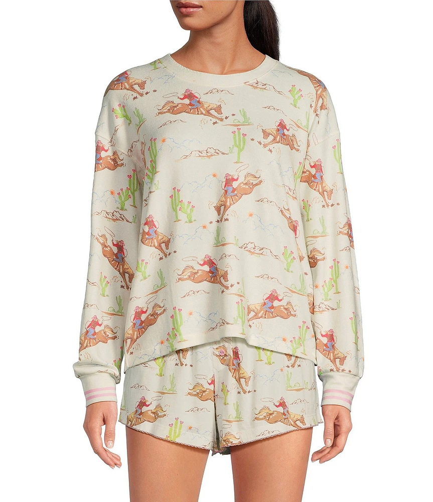 PJ Salvage Long Sleeve Crew Neck Cowgirl Western Print Peachy Knit Coordinating Sleep Top