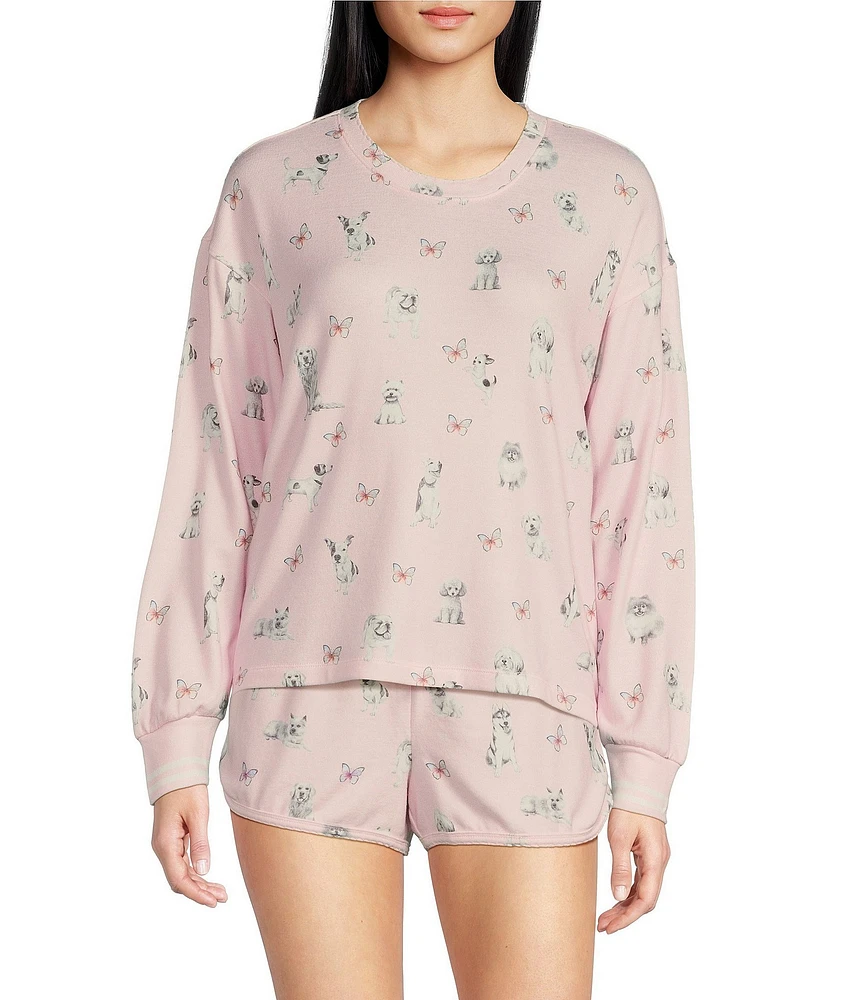 PJ Salvage Long Sleeve Crew Neck Dogs & Butterflies Print Peachy Knit Coordinating Sleep Top