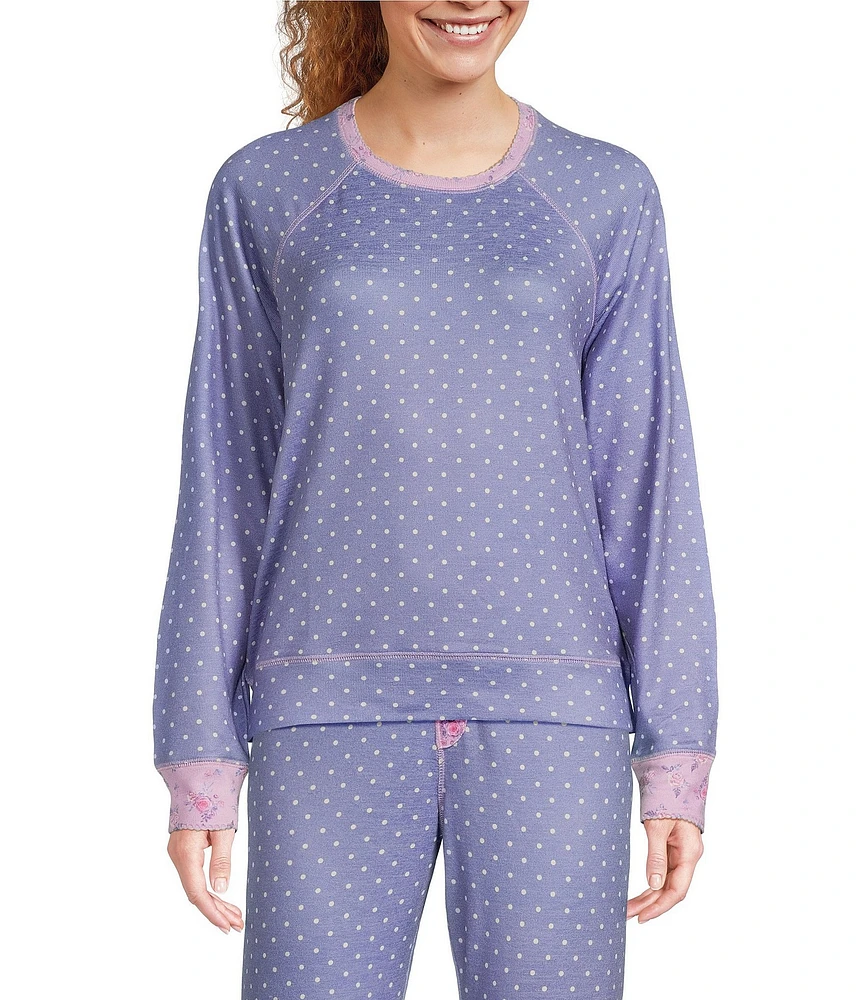 PJ Salvage Long Sleeve Round Neck Dotted Peachy Knit Coordinating Sleep Top