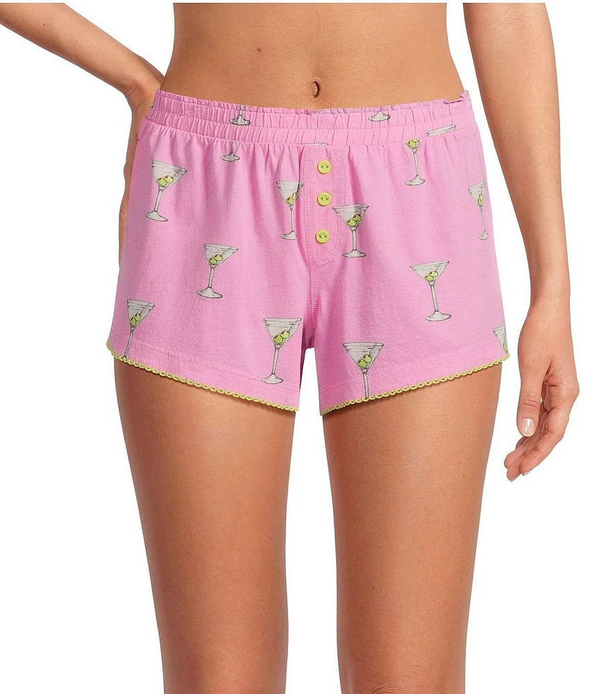Pj Salvage Martini Print Jersey Knit Elastic Waist Faux Button Fly Boyfriend Boxer Shorts