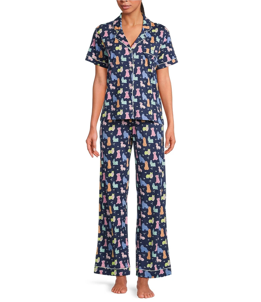 PJ Salvage Short Sleeve Notch Collar Jersey Knit Dog Print Long Pajama Set