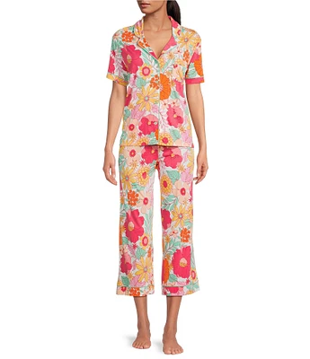 PJ Salvage Short Sleeve Notch Collar Jersey Knit Floral Print Long Pajama Set