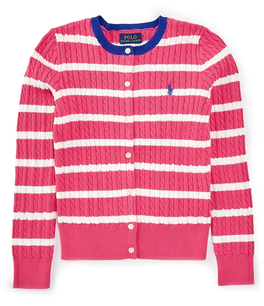 Polo Ralph Lauren Big Girls Puffed-Sleeve Striped Mini-Cable Cardigan
