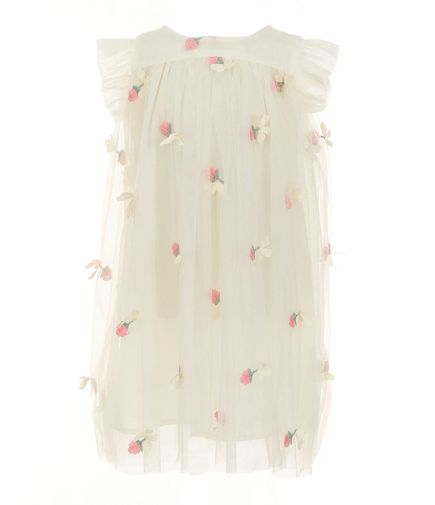 Popatu Little Girls Flutter-Sleeve Bow-Accented Floral-Embroidered Float Dress